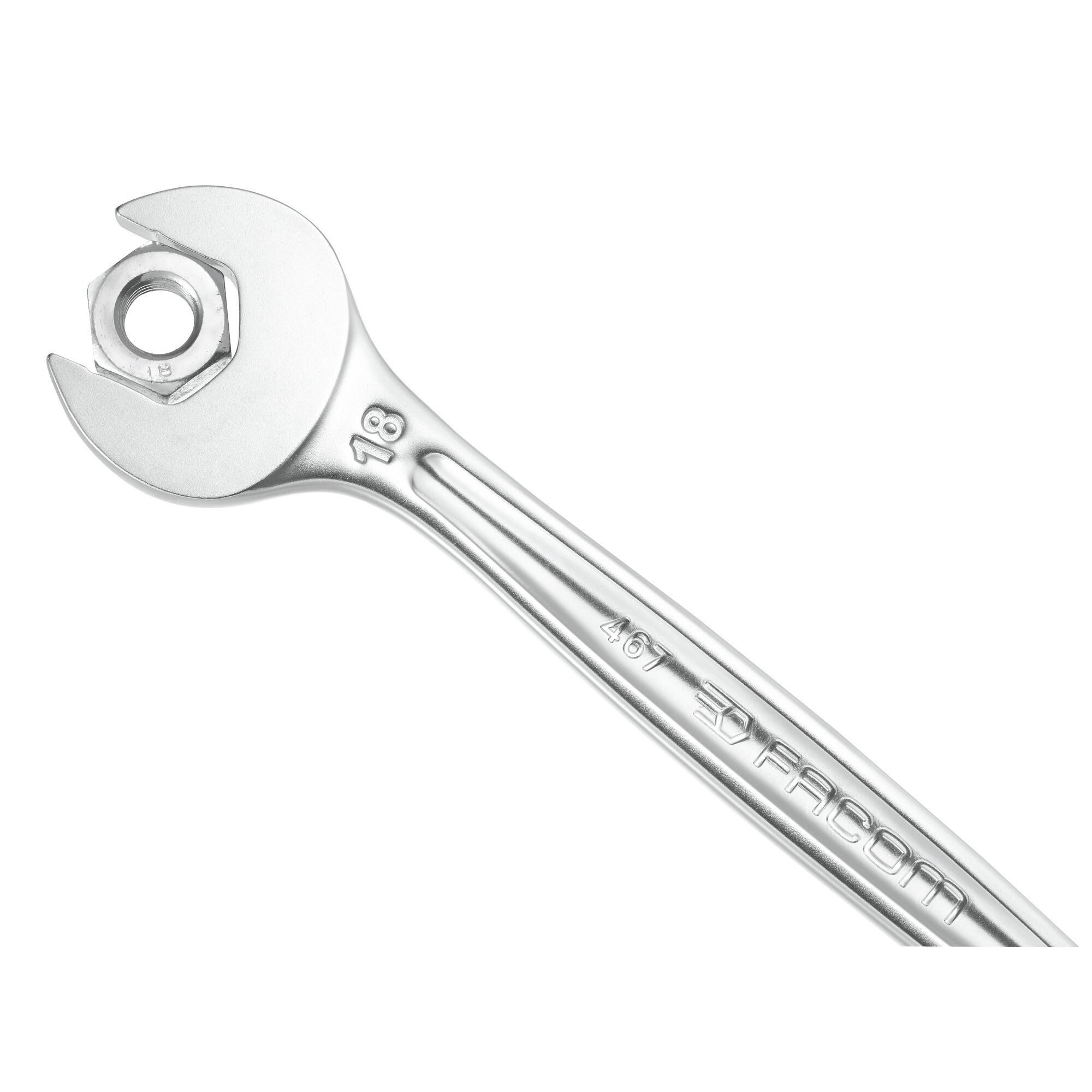 Facom 467B9 open-end wrench holding a hex nut, close-up on white background.